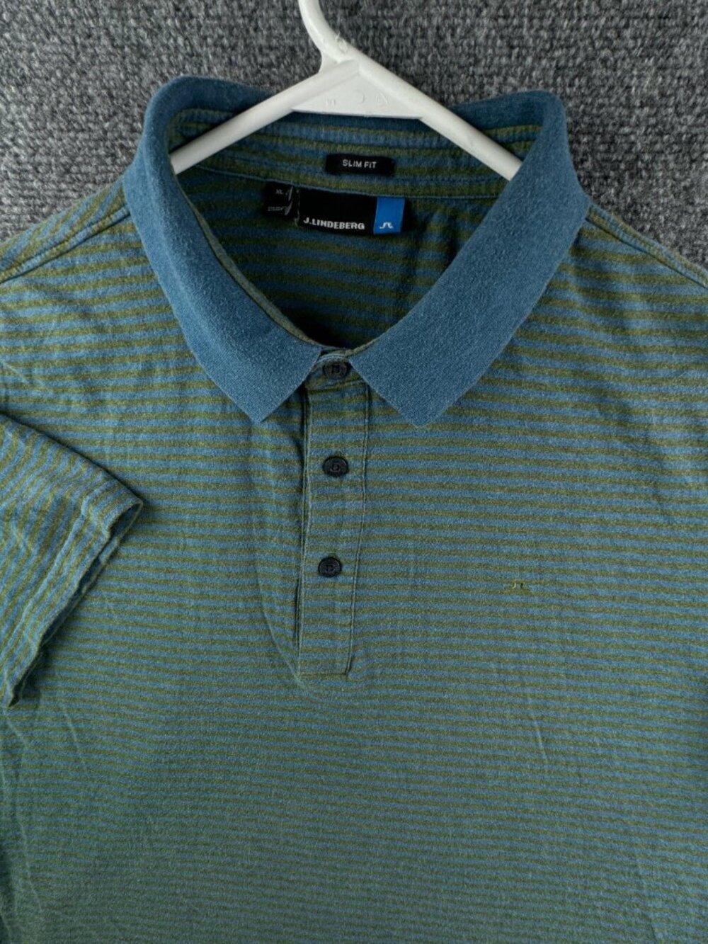 J Lindeberg Men Short Sleeve Polo Shirt Striped Blue Green Slim Fit XL Adult